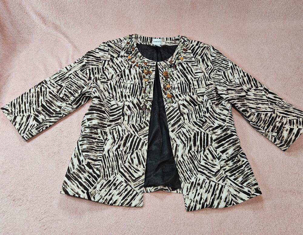 Chico's Beaded Neckline 3/4 Sleeve Lined Brown Tribal Pattern Jacket Blazer Sz 2